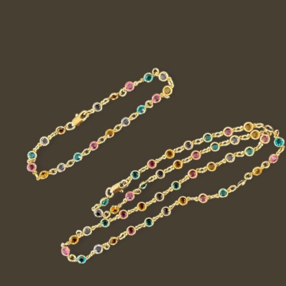 Multicolor Bezel Set Crystal Gold Plated Necklace Bracelet Set Dainty Layering - Picture 5 of 7